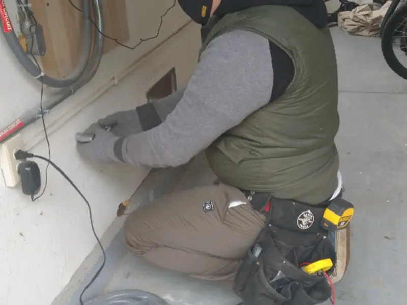 Electrician performing outlet wiring in a Claremont garage